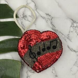 Vintage 80s Sequin Coin Pouch Mini Bag Red Heart Music Notes Beaded Shiny